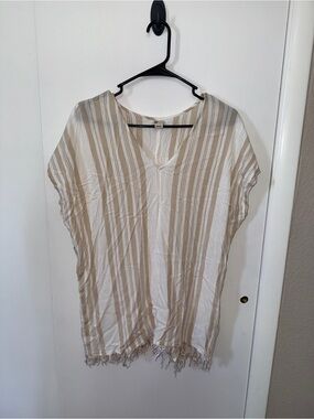 Billabong Beige and White Striped V-Neck Swim Coverup